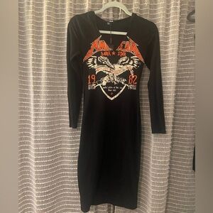 Fashion Nova Black and Orange Graphic Long Sleeve Dress